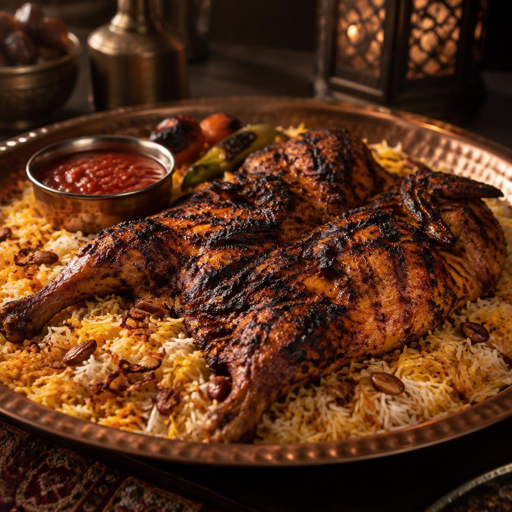 Grilled Al-Faham chicken served with Mandhi rice